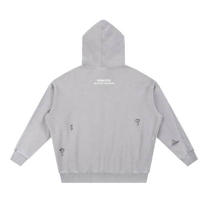 ODMPOD snow washed distressed panel pocket hoodie showing front view with hood, distressed fabric details, and front pocket design.