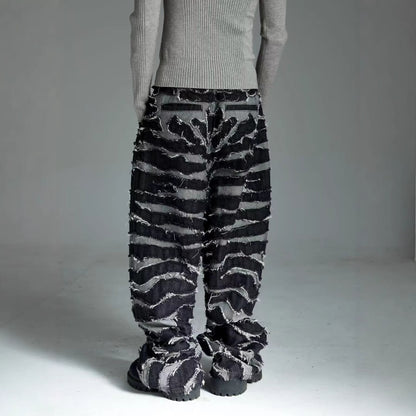 Embroidered zebra striped fringe wide leg denim pants