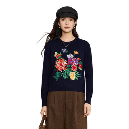 Embroidered peony round neck long sleeved pullover sweater