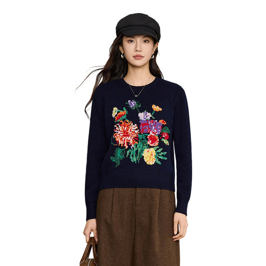 Embroidered peony round neck long sleeved pullover sweater