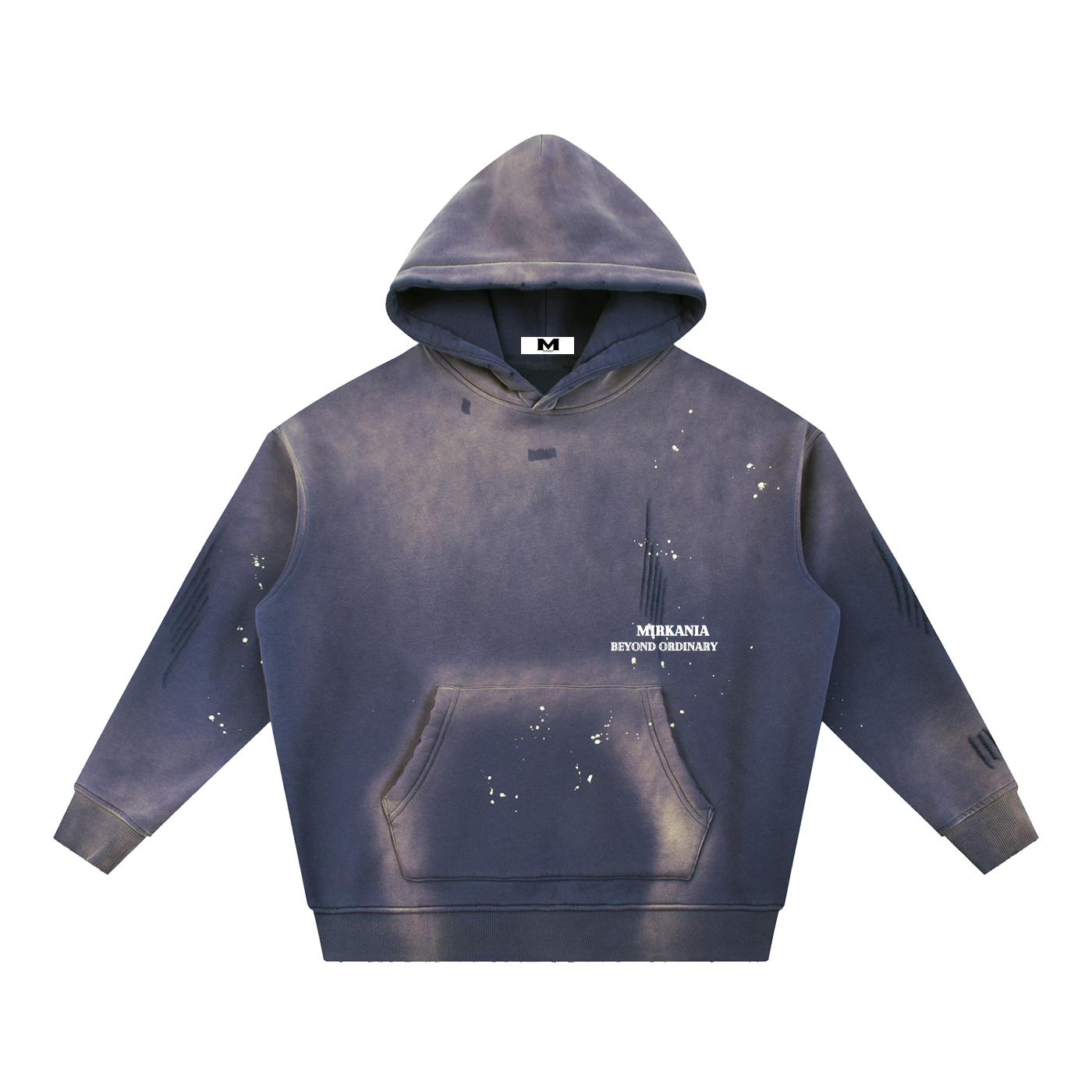 Vintage washed frayed fleece hoodie by ODMPOD featuring a relaxed fit and distressed details, displayed on a hanger.