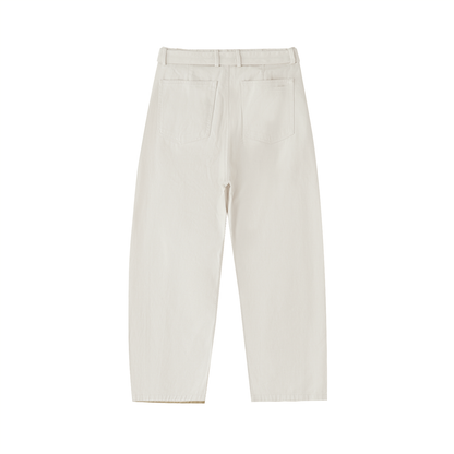ODMPOD belted barrel-leg chino pants in beige, featuring a relaxed fit and front pockets on a neutral background.