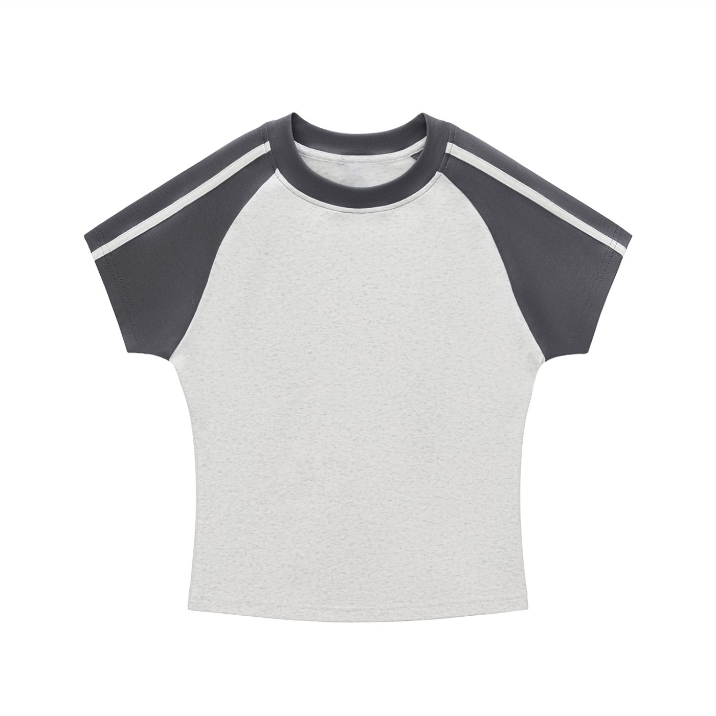 ODMPOD contrast stripes bodycon raglan sleeve t-shirt showing fitted design and bold stripe pattern on the sleeves.