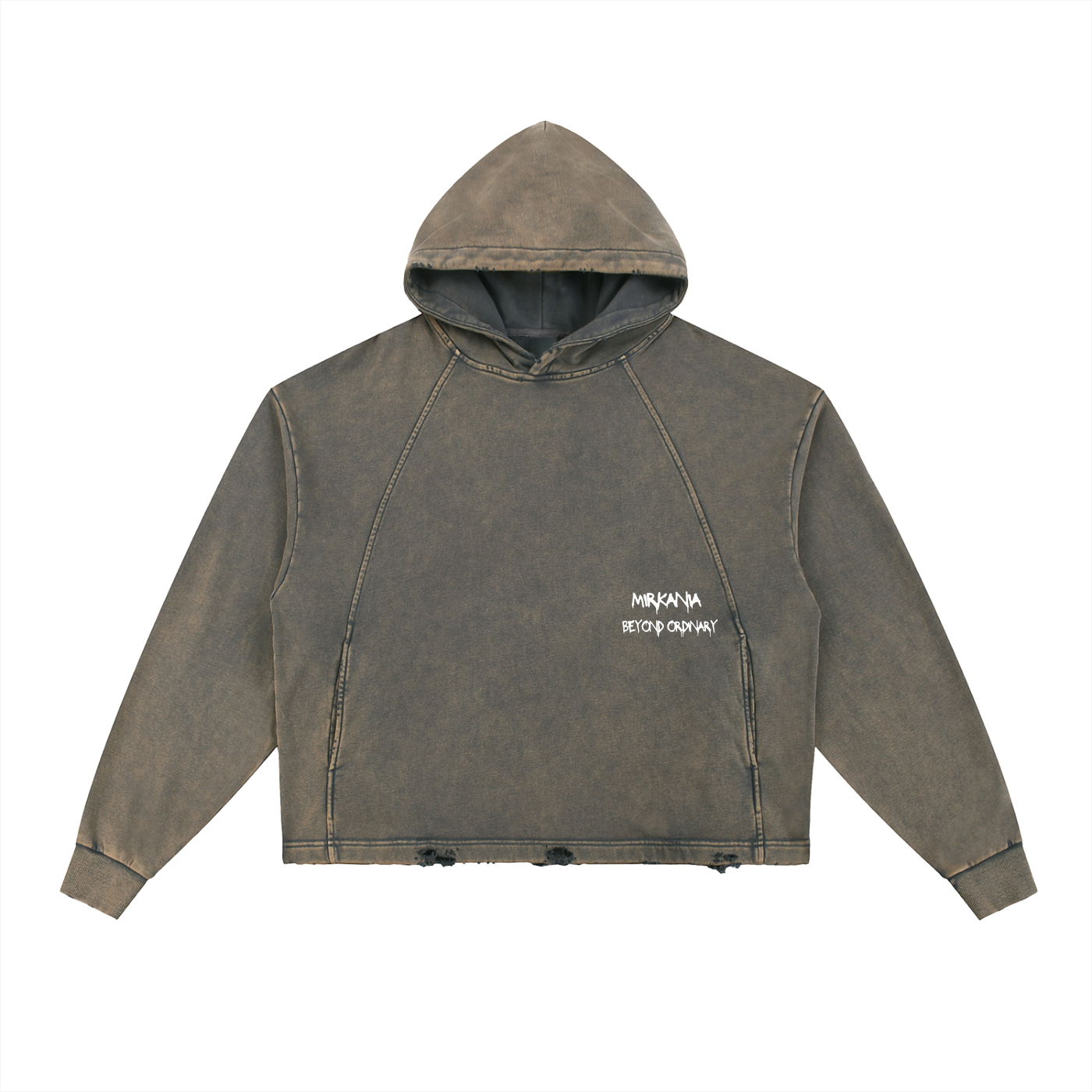 ODMPOD vintage washed frayed-hem hoodie displayed with distressed fabric and casual fit, perfect for a relaxed streetwear style.