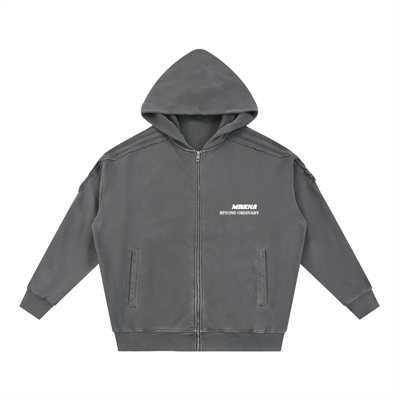 ODMPOD snow washed tape raw edge zip hoodie displayed on a hanger, showcasing the casual style and distressed fabric details.