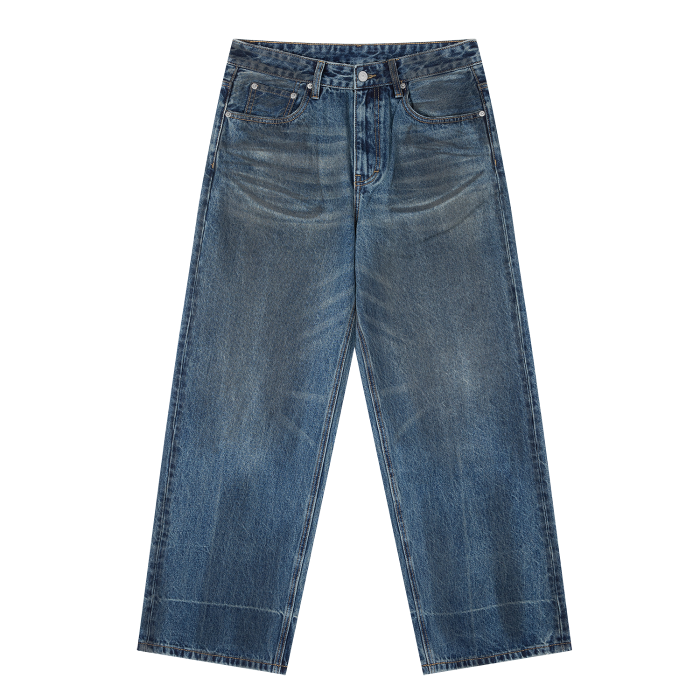 Vintage wash baggy denim jeans by ODMPOD, featuring relaxed fit, classic five-pocket design, and faded denim look.
