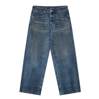 Vintage wash baggy denim jeans by ODMPOD, featuring relaxed fit, classic five-pocket design, and faded denim look.