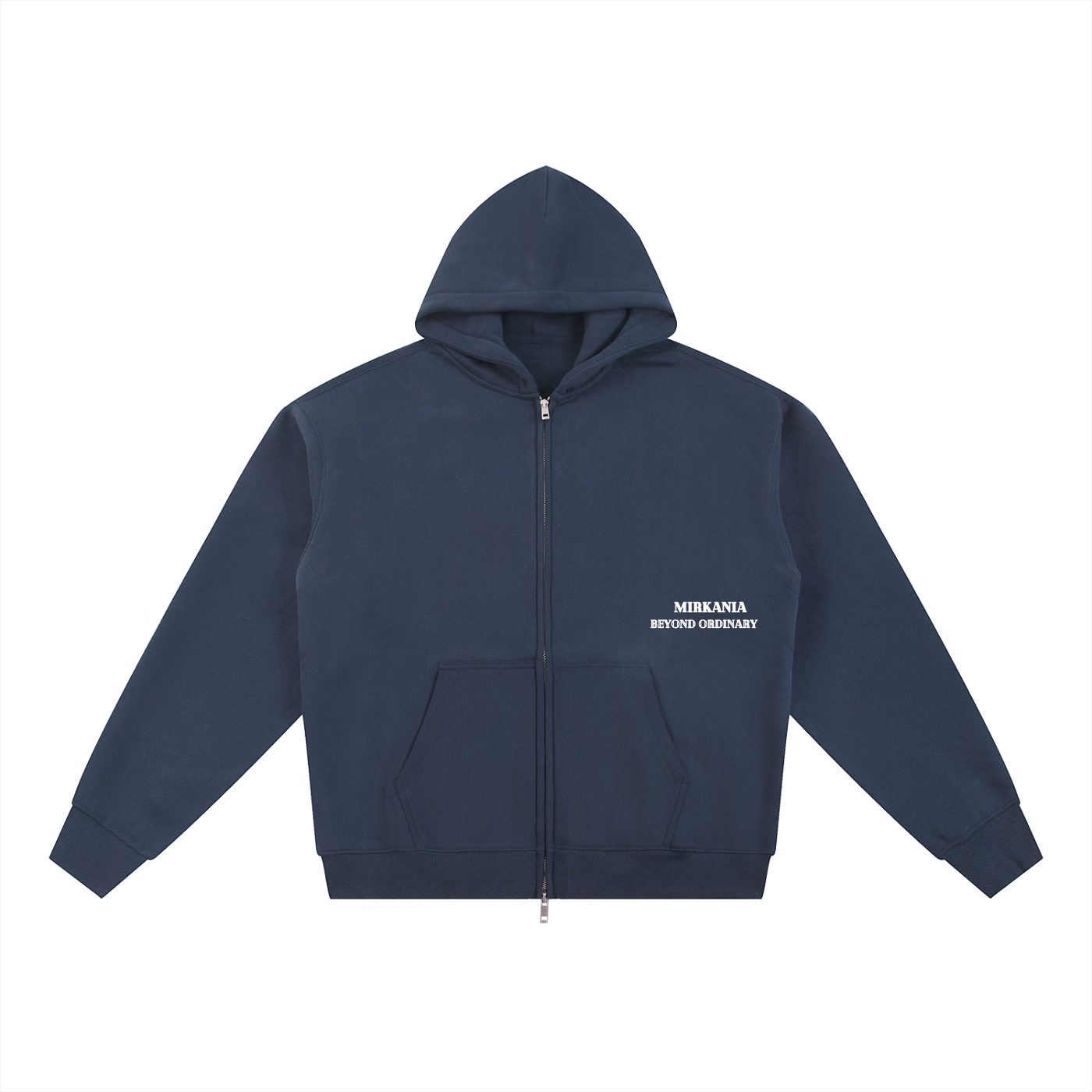 ODMPOD Essential fleece zip-through hoodie with front pockets, soft fabric, and adjustable drawstring hood on a plain background.