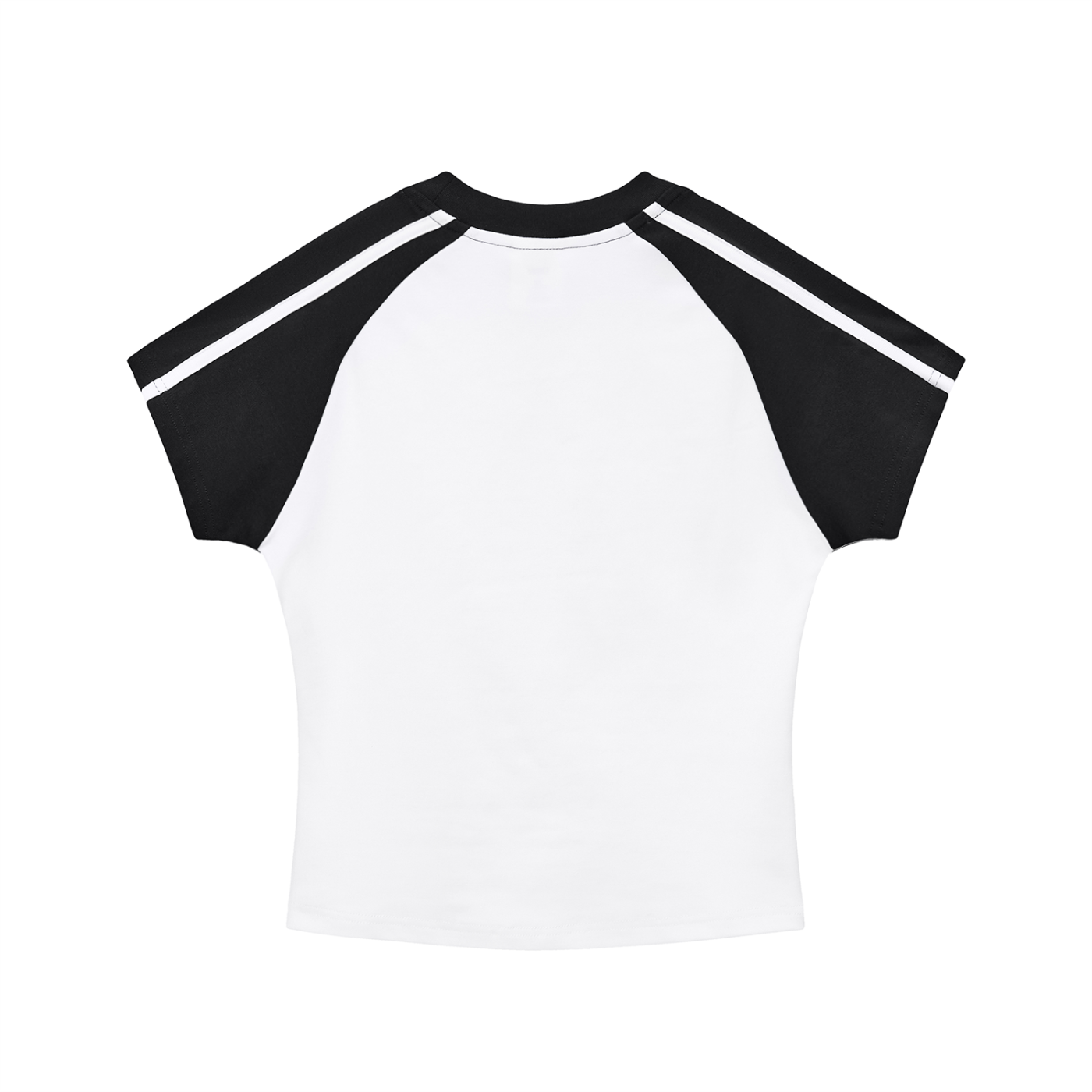 ODMPOD contrast stripes bodycon raglan sleeve T-shirt showing a fitted design with bold stripe patterns and three-quarter sleeves.