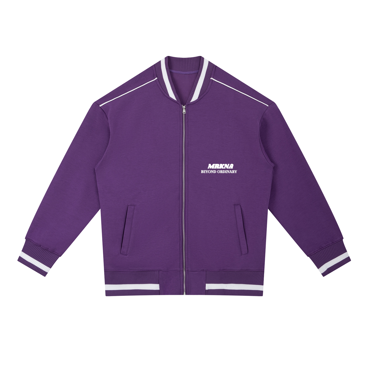 ODMPOD Contrast Piping Zip Bomber Jacket featuring varsity style with bold piping and front zipper detail.