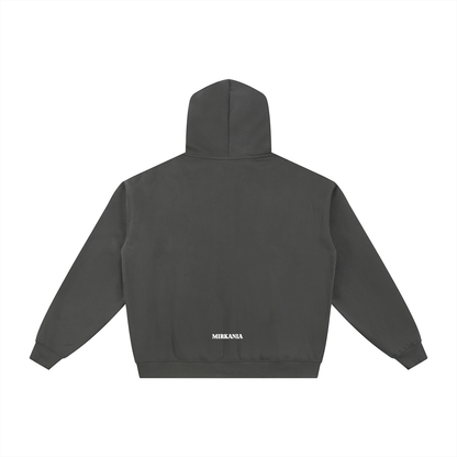 ODMPOD Essential fleece zip-through hoodie showing front view, soft fabric, adjustable hood, and full-length zipper.