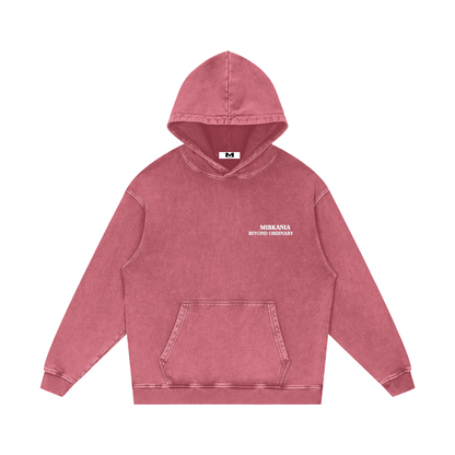 ODMPOD snow washed loose cotton hoodie displayed on a hanger, showcasing its relaxed fit and soft fabric.