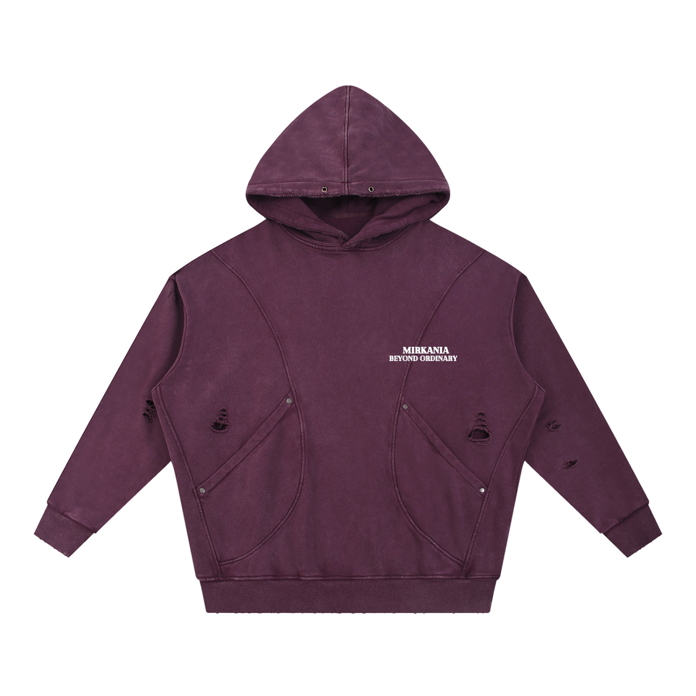 Snow Washed Distressed Panel Pocket Hoodie by ODMPOD featuring a relaxed fit, distressed panels, and a front pocket detail.