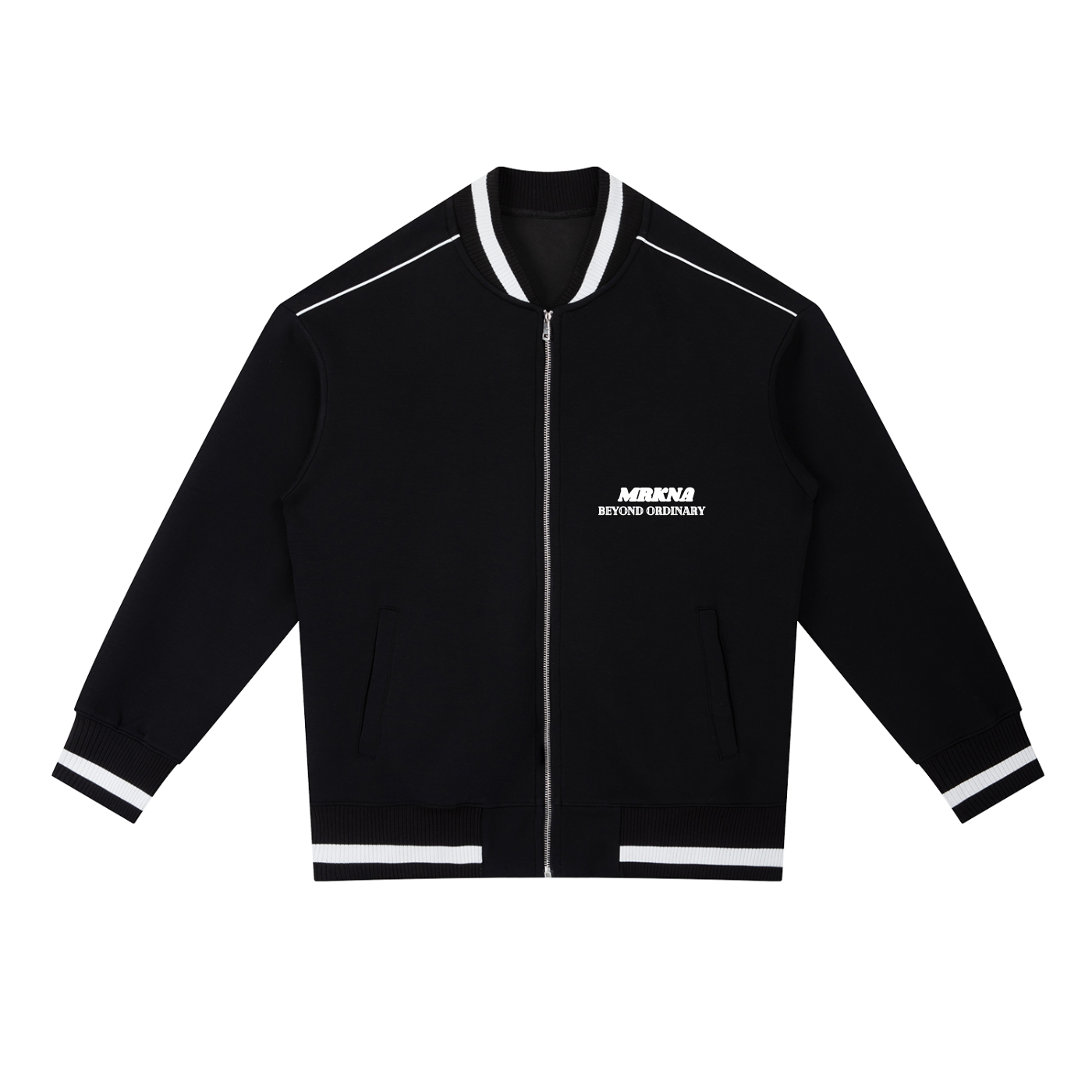 ODMPOD contrast piping zip bomber jacket with varsity style, featuring a sleek design and ribbed collar and cuffs.