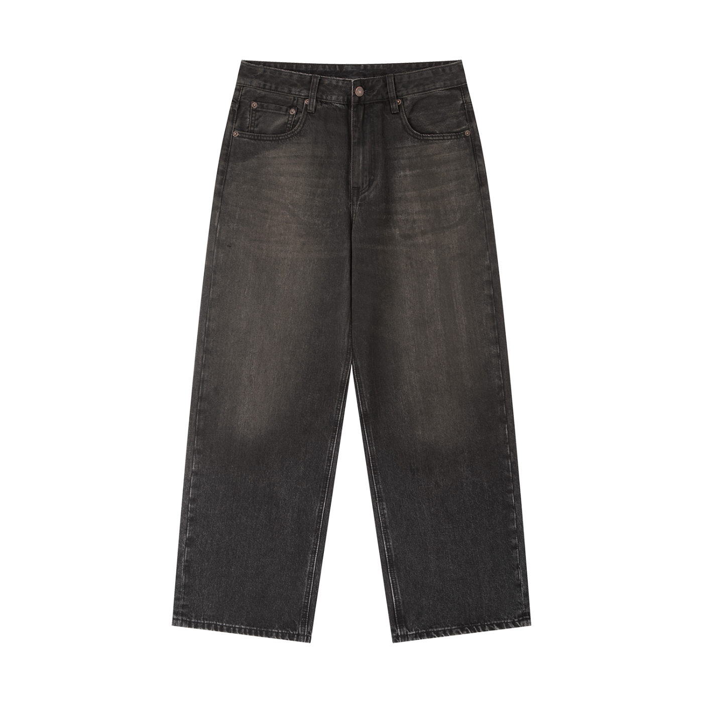 ODMPOD vintage wash heavyweight denim jeans, classic fit with distressed details, shown on a neutral background.