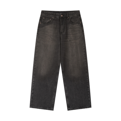 ODMPOD vintage wash heavyweight denim jeans, classic fit with distressed details, shown on a neutral background.