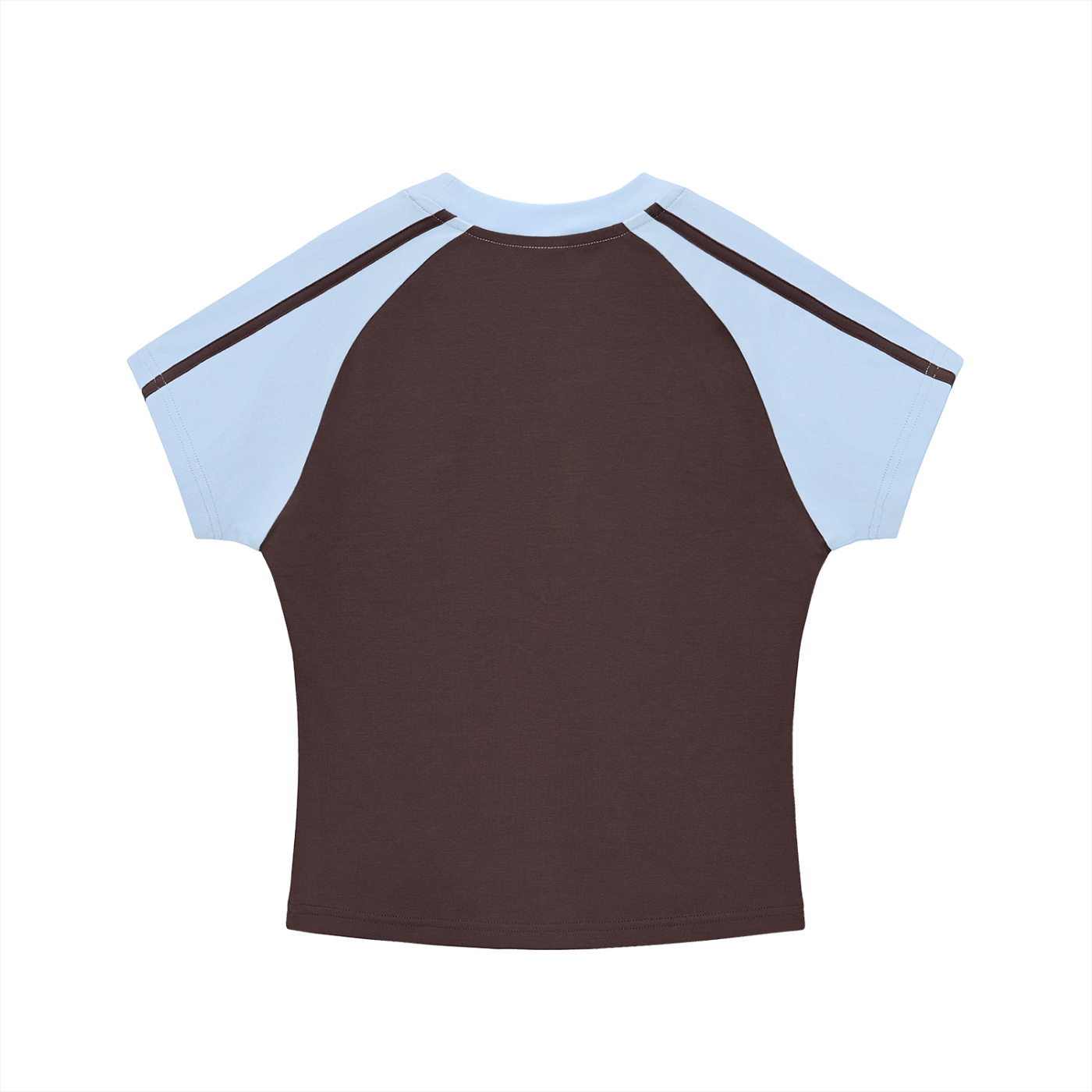 ODMPOD contrast stripes bodycon raglan sleeve t-shirt, close-up view showing fitted design and stylish striped pattern.