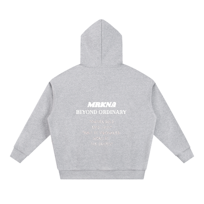 ODMPOD Essential Heavyweight Hoodie in gray, showcasing its soft fabric, front pocket, and comfortable fit.
