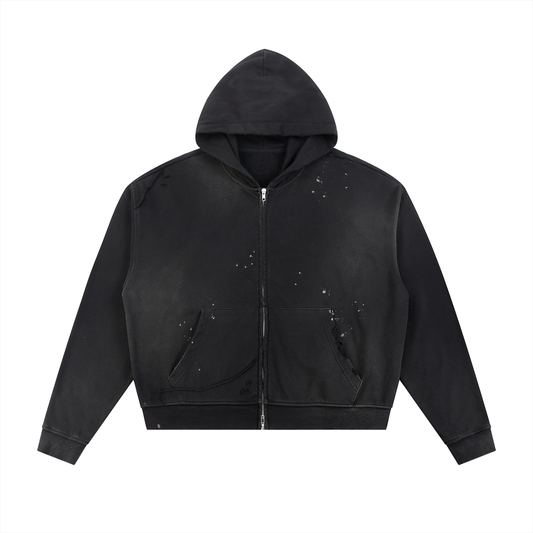 Sun Fade Frayed Raw Edge Fleece Zip Hoodie