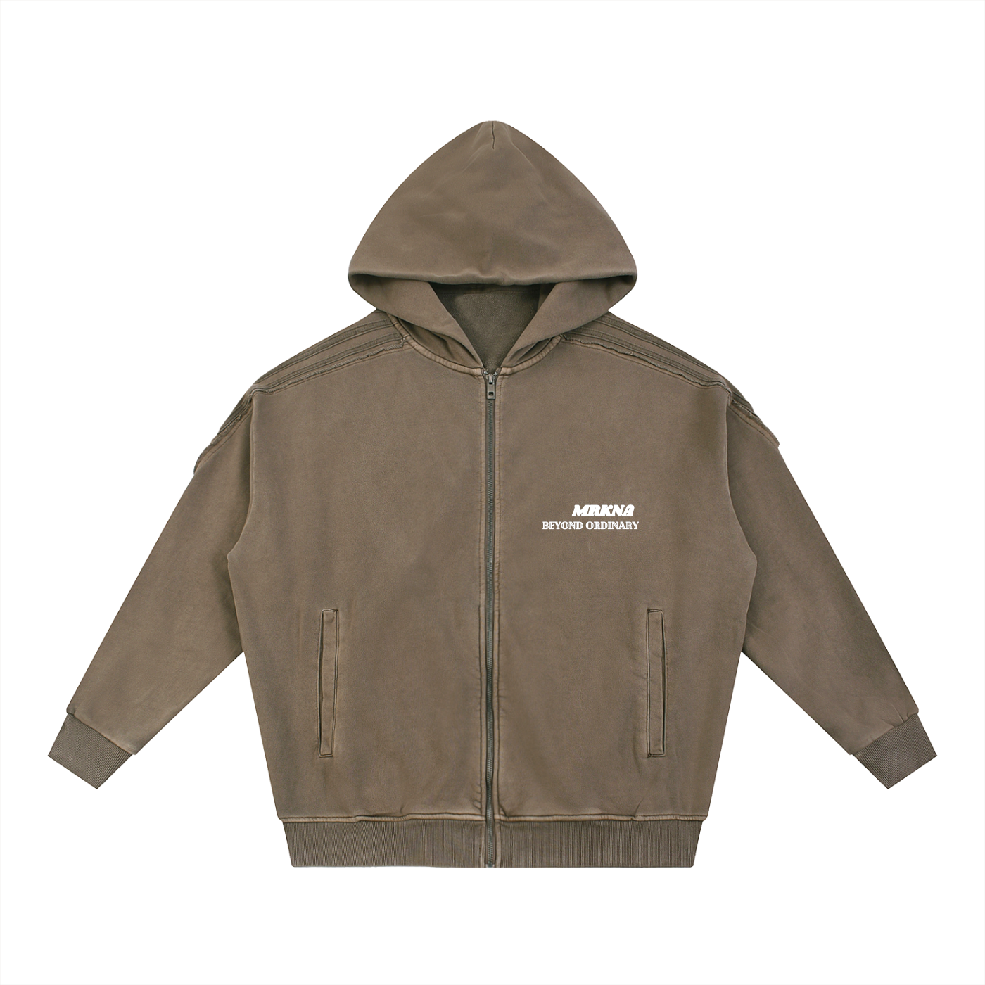 Snow Washed Tape Raw Edge Zip Hoodie by ODMPOD featuring a front zipper, raw edges, and a relaxed fit in soft fabric.