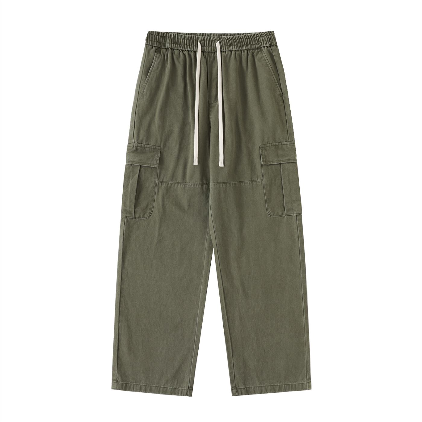 ODMPOD drawstring waist straight-leg cargo pants with multiple pockets, casual style, in neutral fabric, shown from the front.