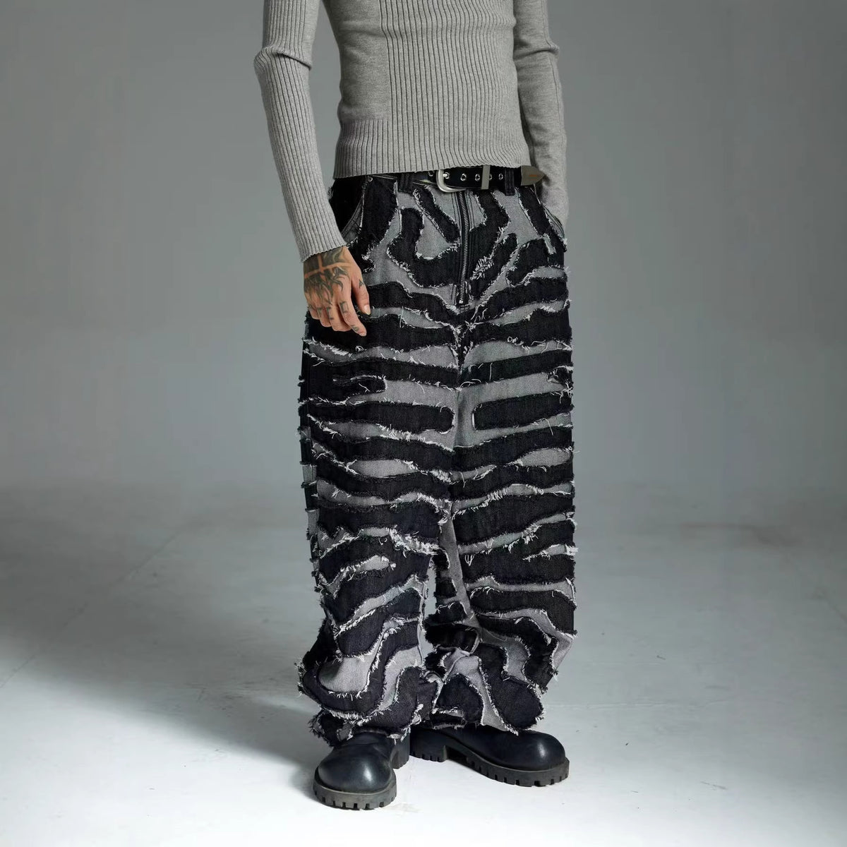 Embroidered zebra striped fringe wide leg denim pants