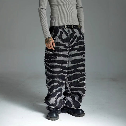 Embroidered zebra striped fringe wide leg denim pants