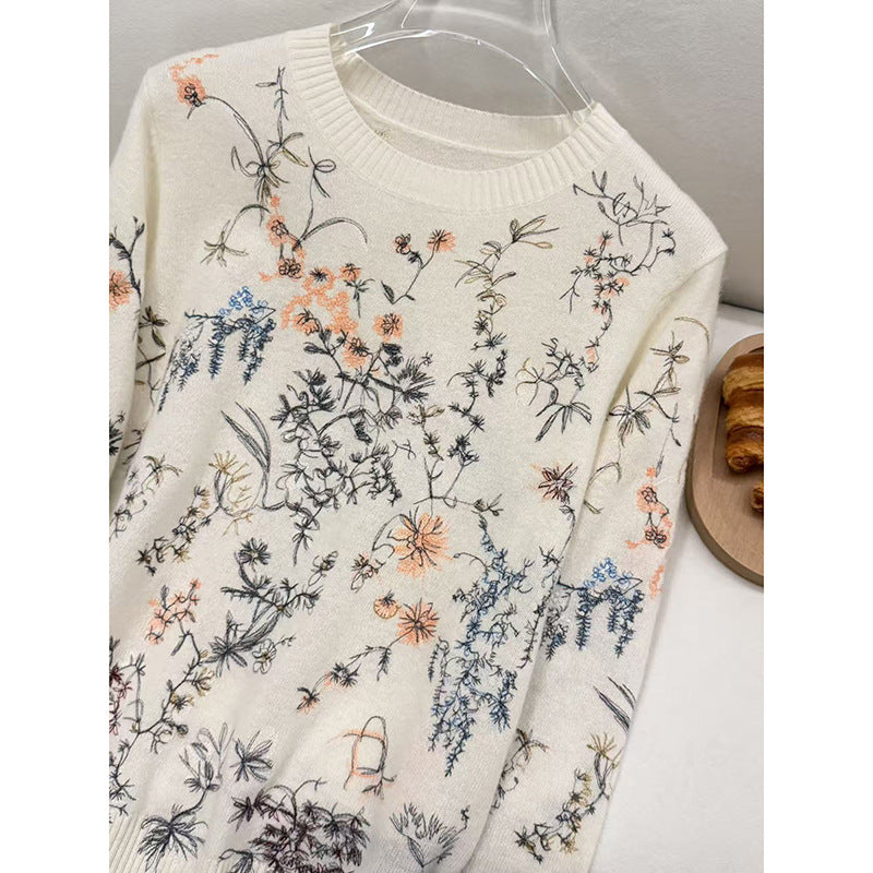 Flower round neck long sleeved sweater for women