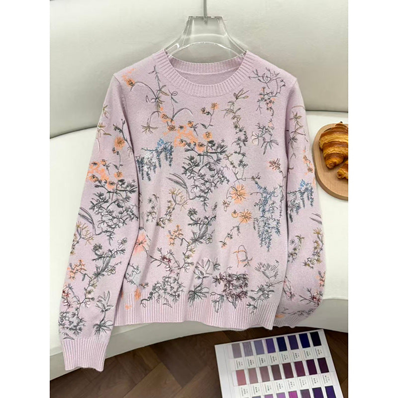 Flower round neck long sleeved sweater for women