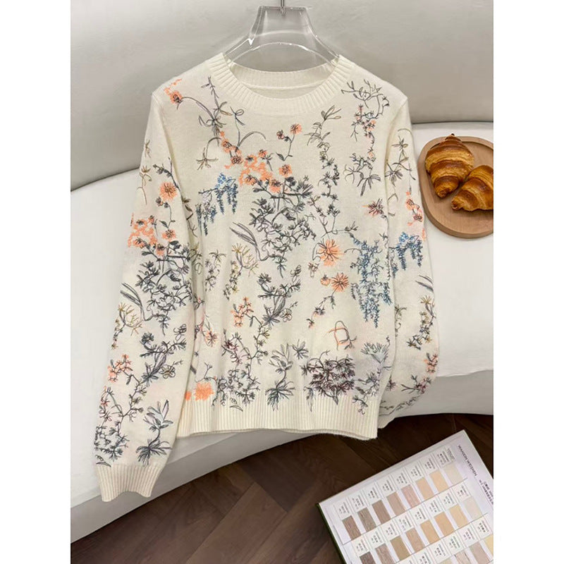 Flower round neck long sleeved sweater for women