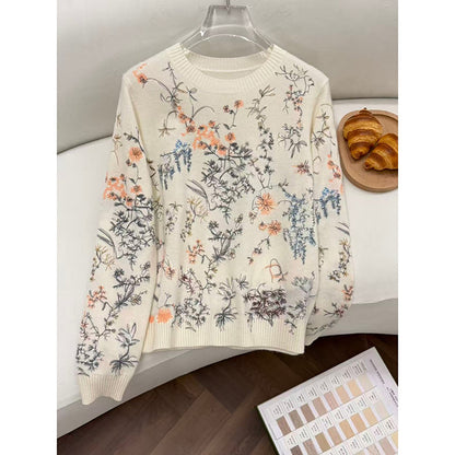 Flower round neck long sleeved sweater for women