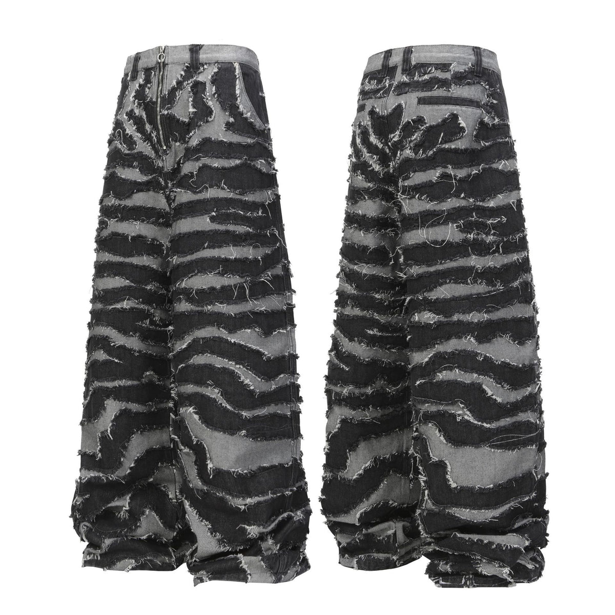 Embroidered zebra striped fringe wide leg denim pants