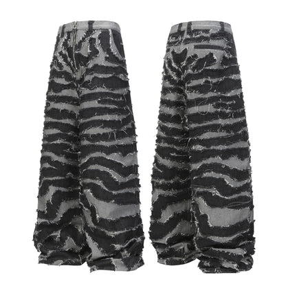 Embroidered zebra striped fringe wide leg denim pants
