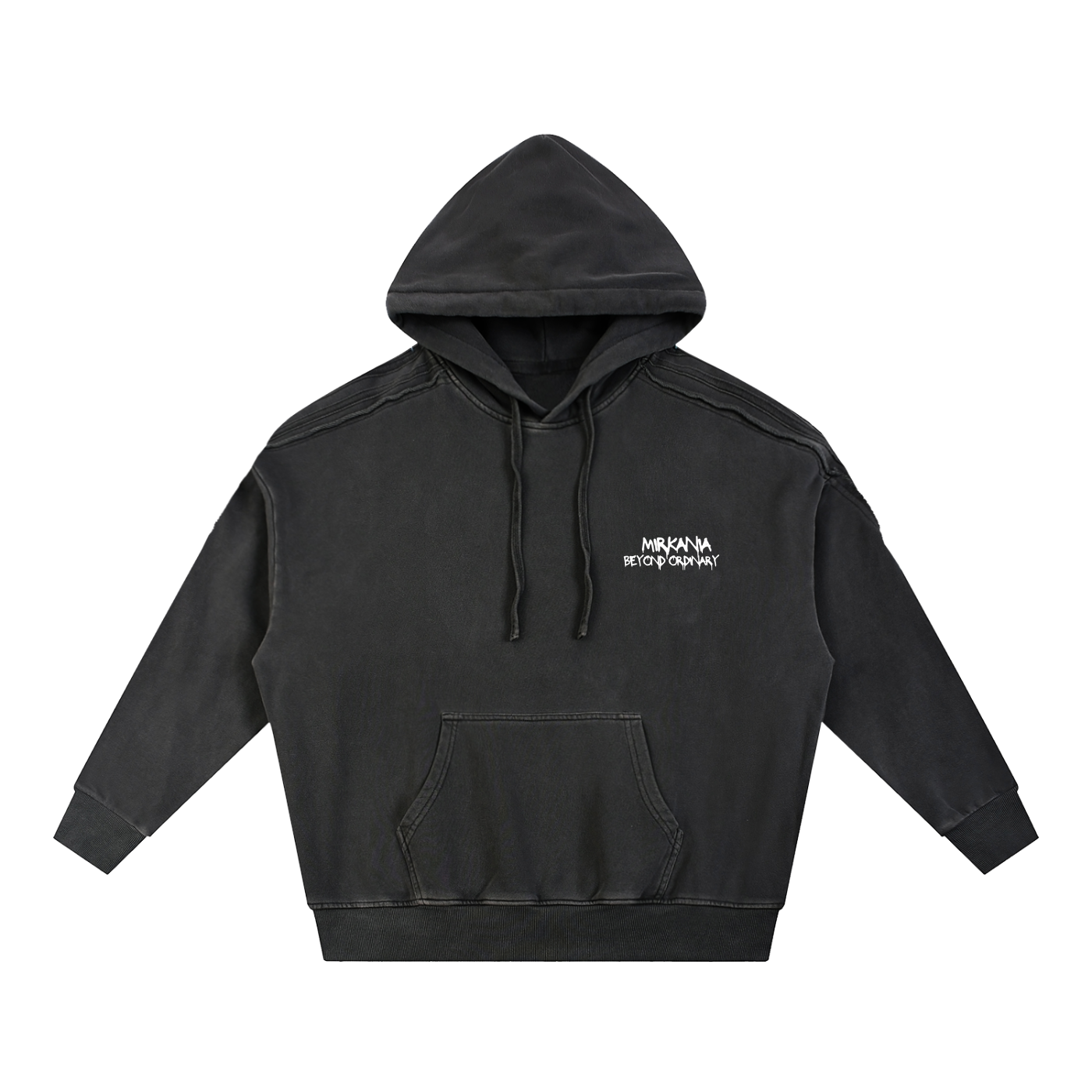 Snow Washed Tape Raw Edge Hoodie by ODMPOD, featuring a relaxed fit with raw edges and tape detailing, shown on a model.