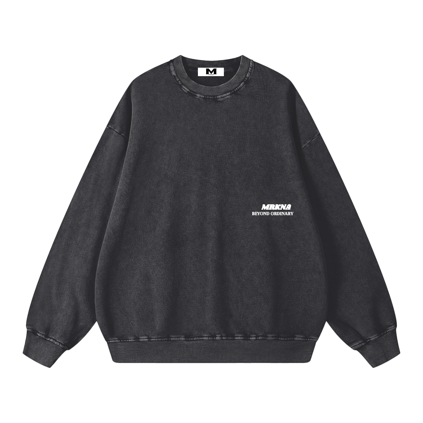 ODMPOD Snow Washed Oversized Sweatshirt displayed on a hanger, showcasing its relaxed fit and soft, faded fabric.