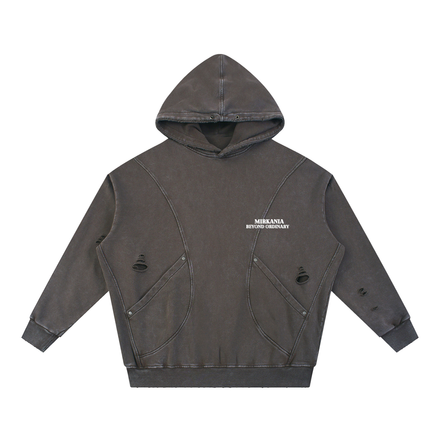 Snow Washed Distressed Panel Pocket Hoodie by ODMPOD featuring a relaxed fit, distressed details, and a front pocket on soft fabric.