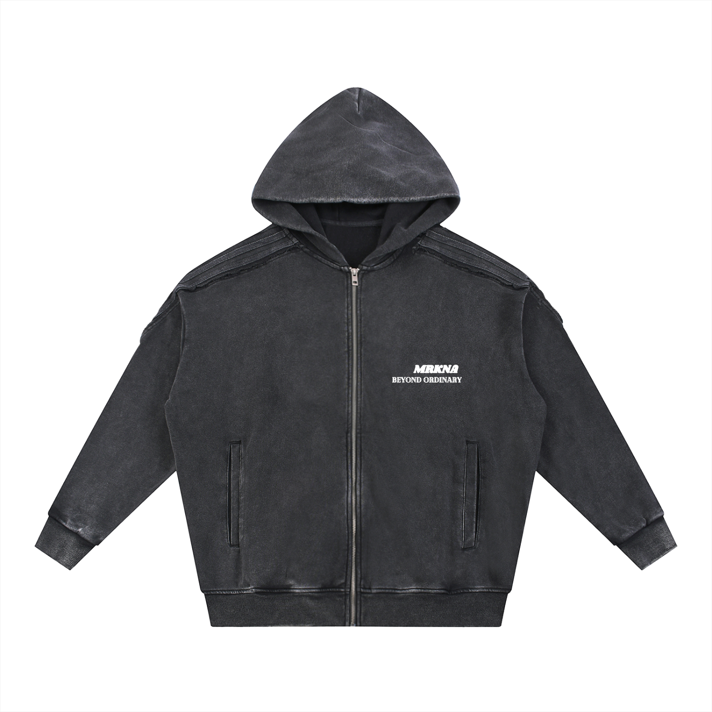 ODMPOD Snow Washed Tape Raw Edge Zip Hoodie, casual hoodie with distressed details and front zipper, in a relaxed fit.