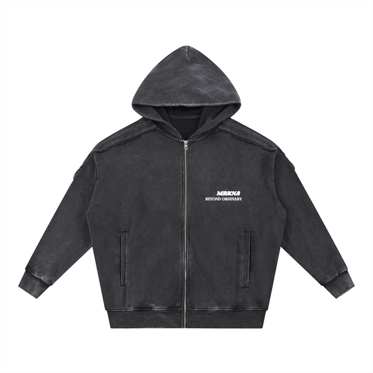 Snow Washed Tape Raw Edge Zip Hoodie
