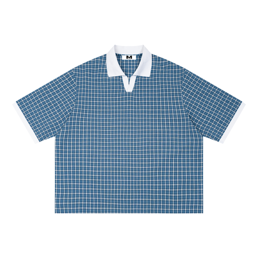 Unisex Boxy Plaid Color Block Polo Shirt