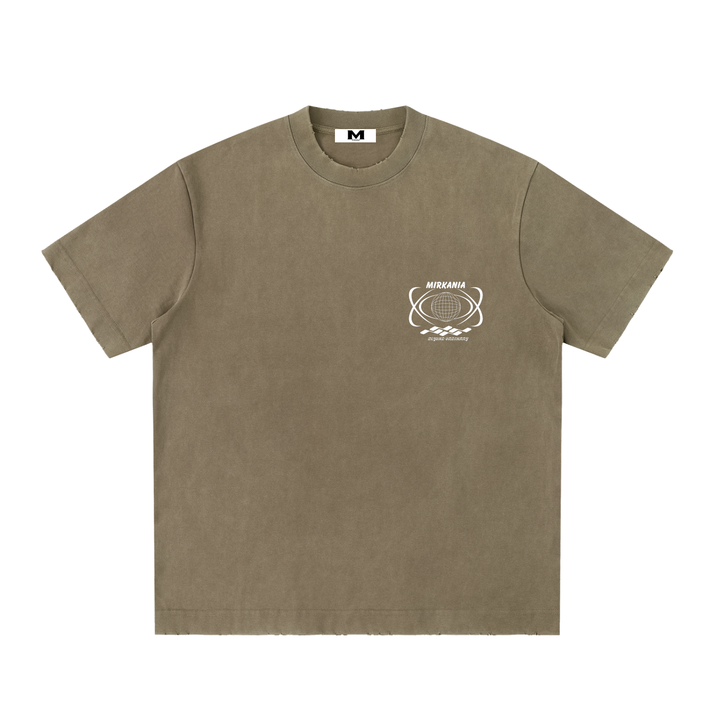 Vintage washed heavyweight ODMPOD T-shirt with frayed edges, showcasing a relaxed, worn-in look and soft fabric texture.