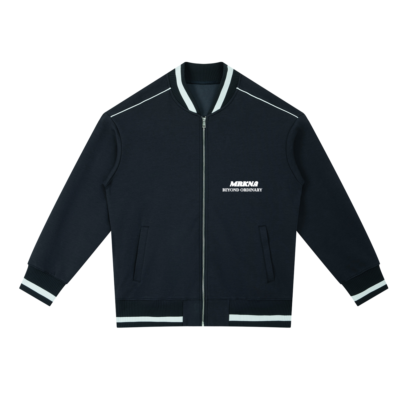 ODMPOD Contrast Piping Zip Bomber Jacket with varsity style, featuring contrasting piping details and a front zipper for a sporty look.