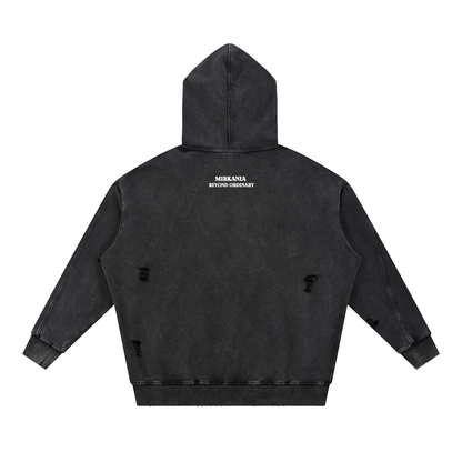 Snow Washed Distressed Panel Pocket Hoodie from ODMPOD featuring a cozy hoodie with distressed details and front pocket.