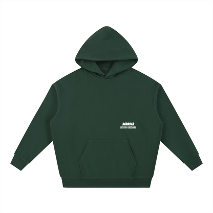 ODMPOD Essential Heavyweight Hoodie in gray, showing a close-up of the soft fabric and hood with drawstrings.