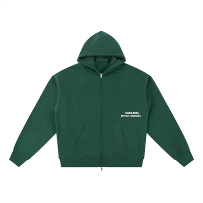 ODMPOD Essential fleece zip-through hoodie in gray, featuring a full front zipper, hood, and soft fleece fabric.