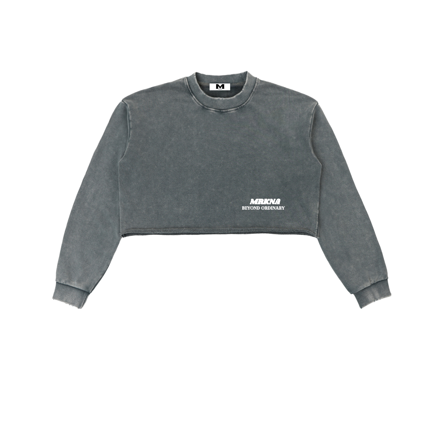 Snow Washed Raw Edge Cropped Sweatshirt by ODMPOD, featuring a relaxed fit with distressed raw edges in soft, washed fabric.