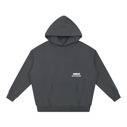 ODMPOD Essential Heavyweight Hoodie in charcoal gray, showcasing a cozy, thick fabric with a front pocket and hood.
