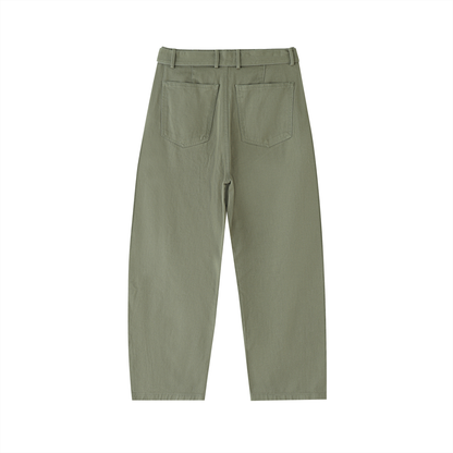 ODMPOD belted barrel-leg chino pants showing a relaxed fit, tan color, with a classic waistband and belt loops.