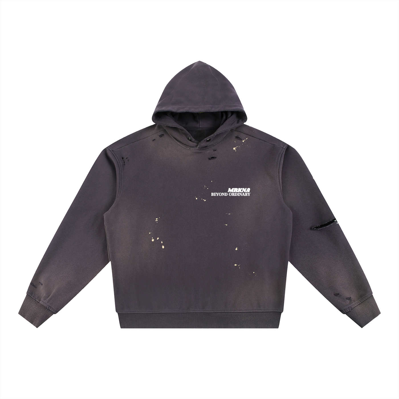 ODMPOD Sun Fade Frayed Fleece Hoodie showing distressed frayed edges and sun-faded fabric, cozy and casual for everyday wear.