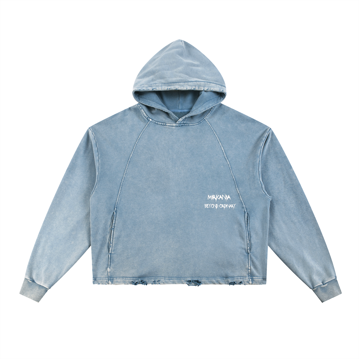 Vintage washed frayed-hem hoodie by ODMPOD, showing a cozy, casual hoodie with distressed hem and soft fabric in a relaxed fit.