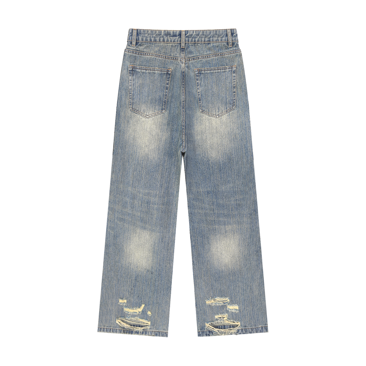 Vintage wash distressed denim jeans by ODMPOD, showcasing a classic fit with faded, torn details and a casual, rugged style.